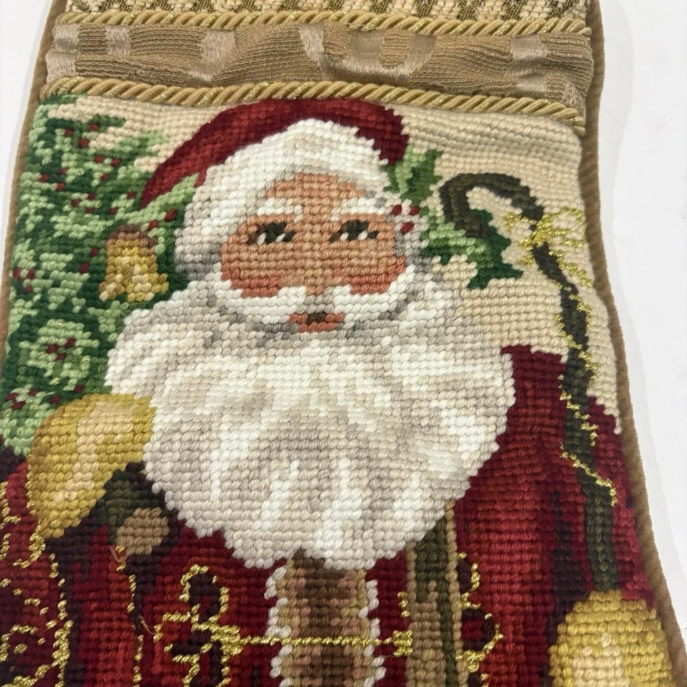 Vintage Santa Claus Wool Needlepoint Christmas Stocking Gold Velvet Backing 15